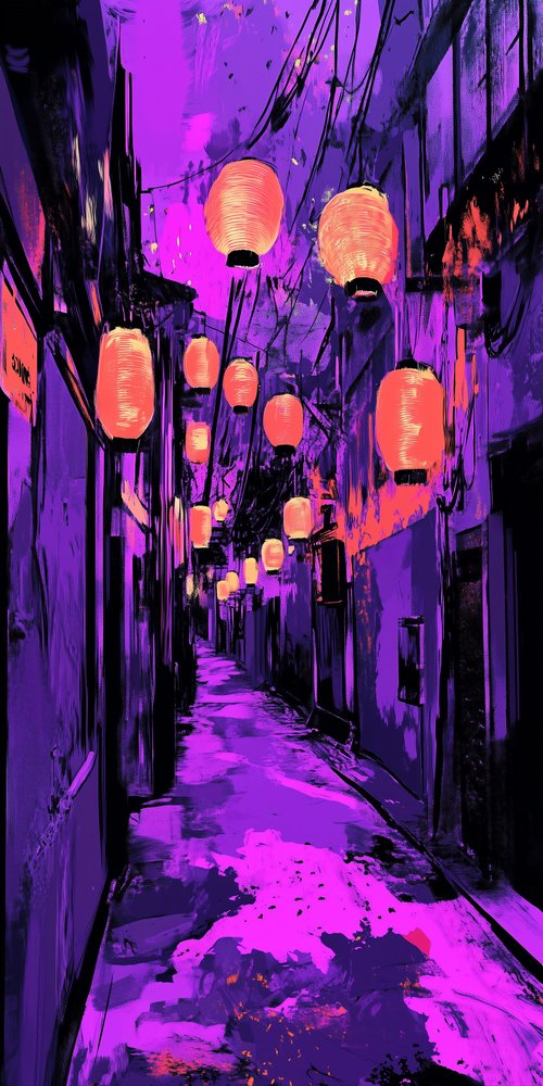 A painting of a street with lanterns hanging from the ceiling wallpaper