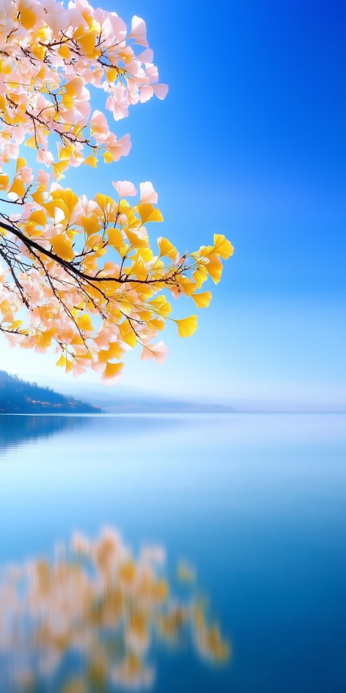Flowering tree over calm water wallpaper