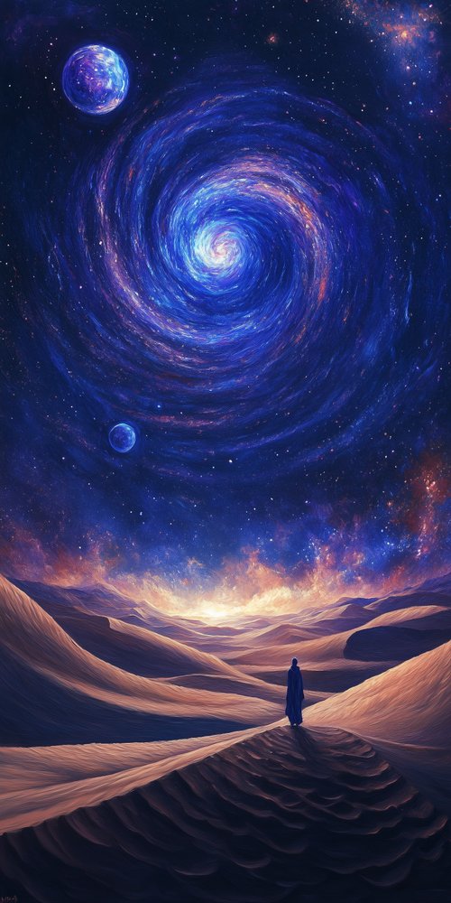 Person in desert cosmic sky