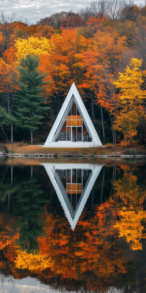 A frame house autumn forest reflection wallpaper