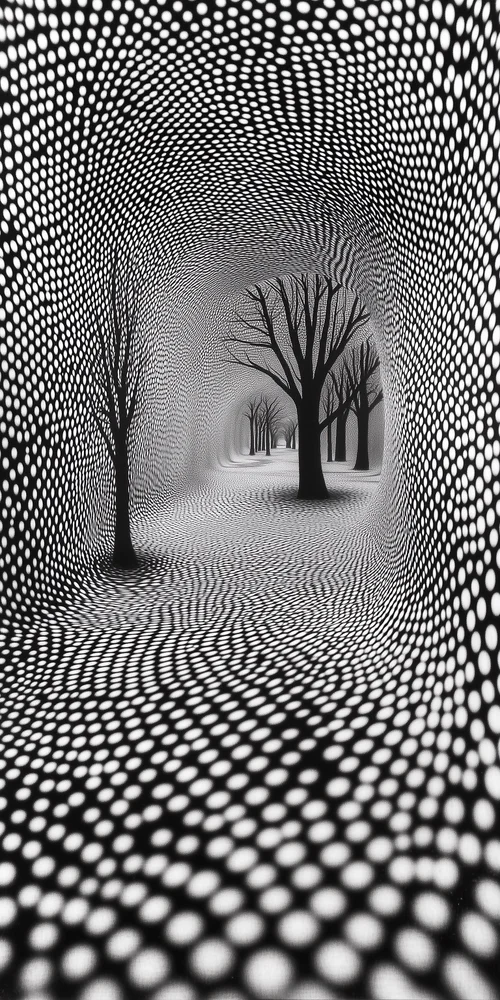 A black and white image of a tunnel with trees wallpaper