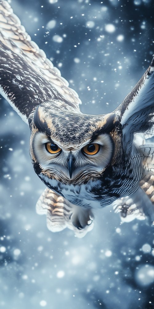 Owl flying in snow wallpaper