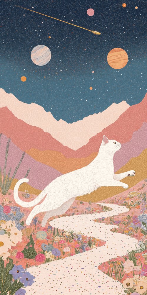 A white cat is running through a field of flowers wallpaper