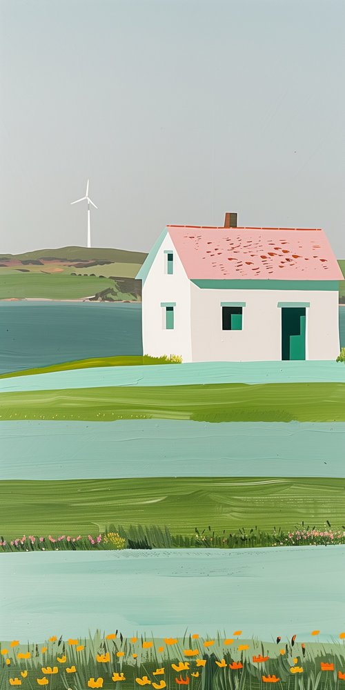 A painting of a house and a windmill wallpaper