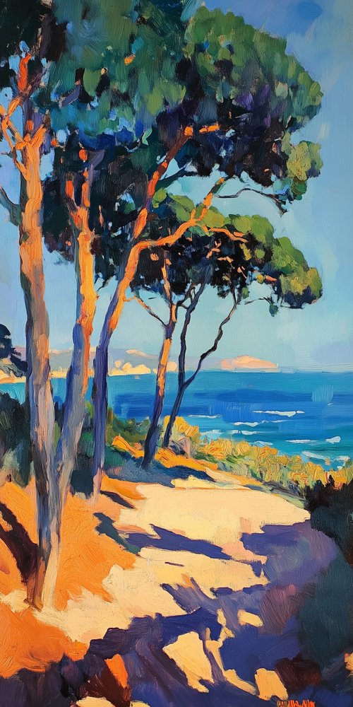 Trees and ocean landscape painting wallpaper