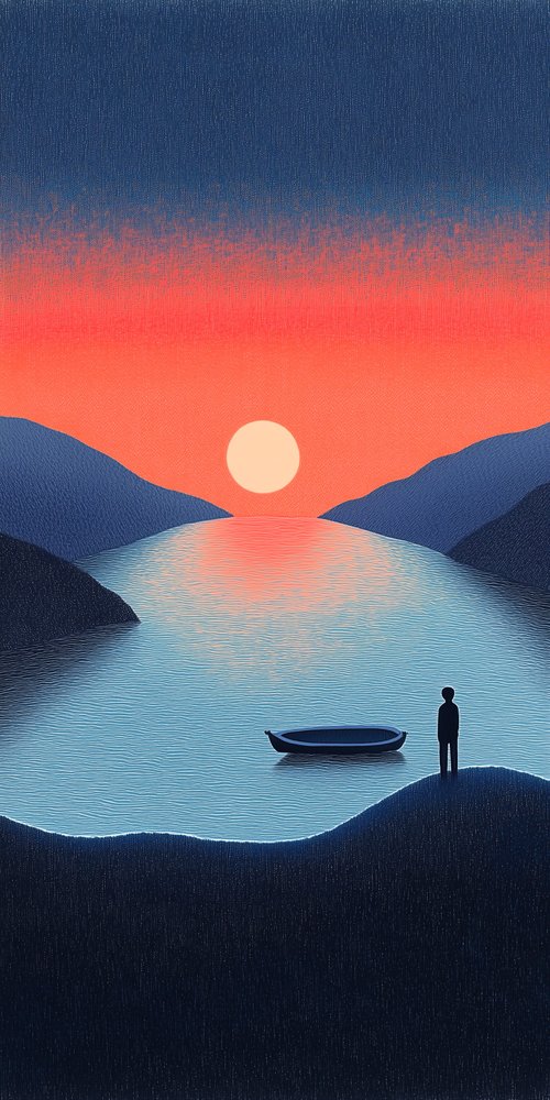 Person boat sunset lake mountains wallpaper