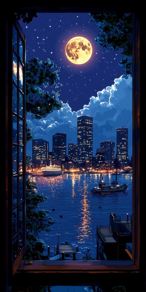 Cityscape with moonlit waterfront wallpaper