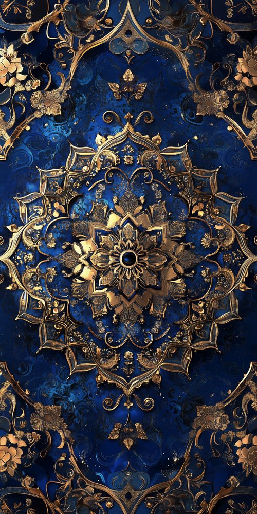 Ornate blue and gold pattern wallpaper