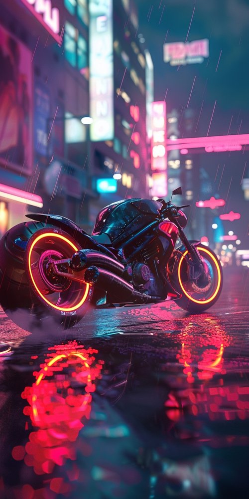 Cyberpunk motorcycle night rain 1 wallpaper