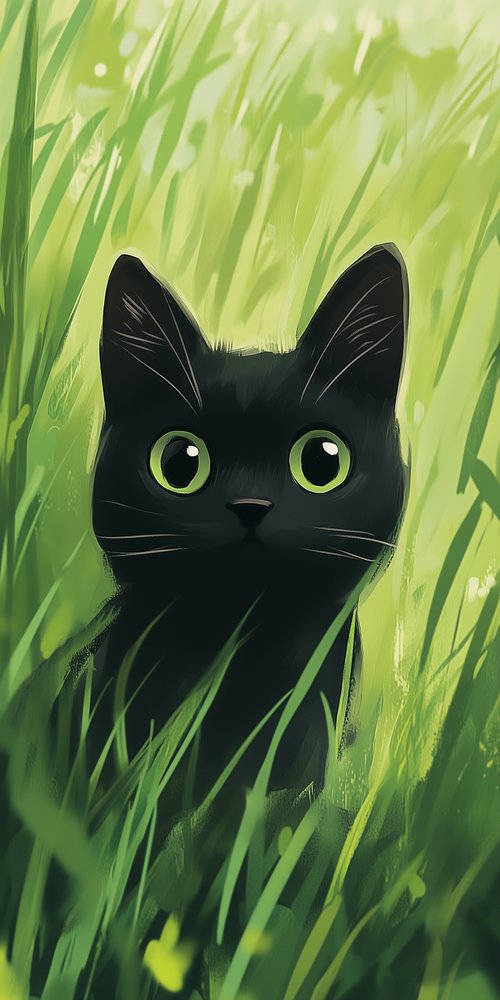 A black cat sitting in the grass wallpaper