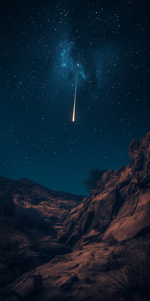 A meteor is seen in the sky above a rocky landscape wallpaper
