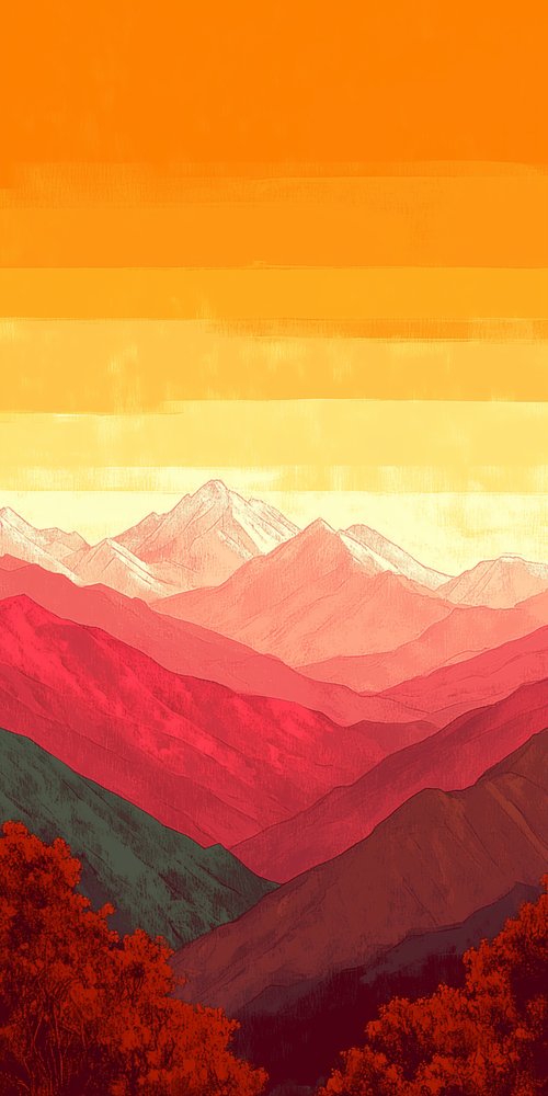 A painting of a mountain range with a sunset in the background wallpaper