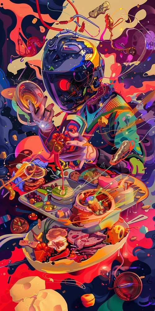 Colorful astronaut with floating food wallpaper