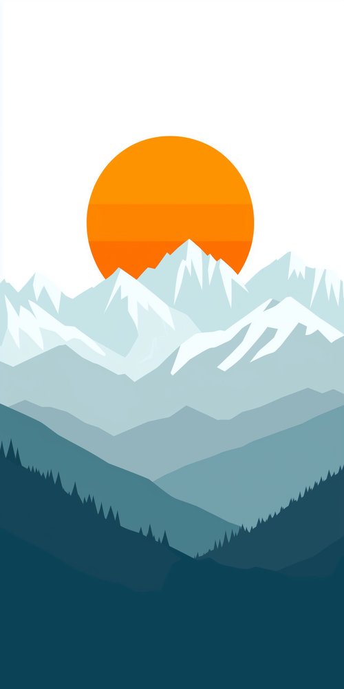 A mountain scene with a sun in the sky wallpaper