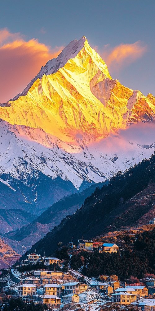 Snowy mountain with village houses wallpaper