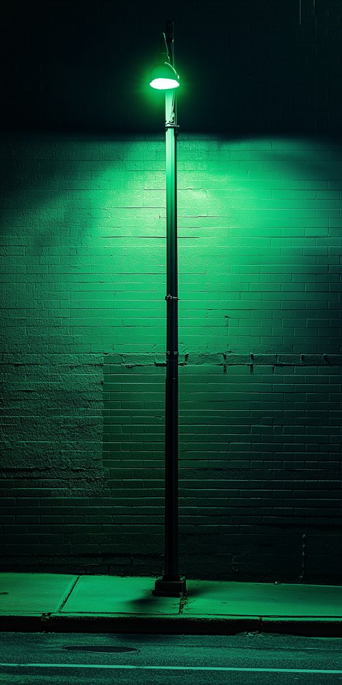 Green streetlight illuminating sidewalk wallpaper