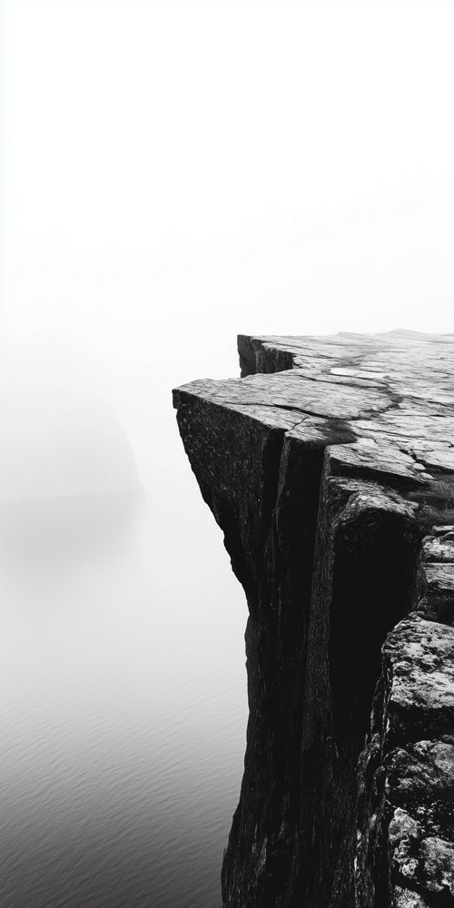 Rocky cliff over foggy water wallpaper
