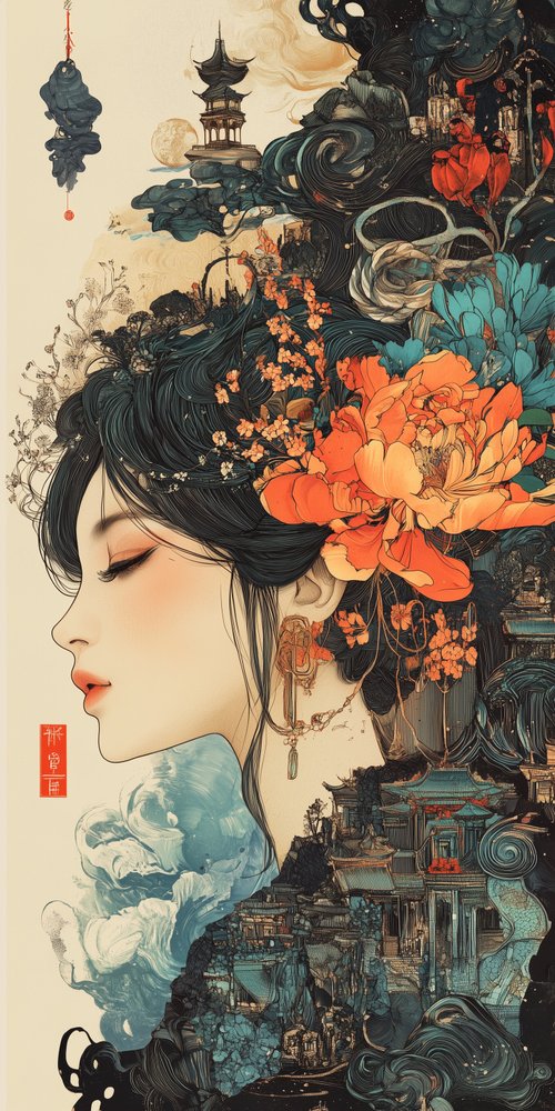 Woman with floral headdress illustration wallpaper