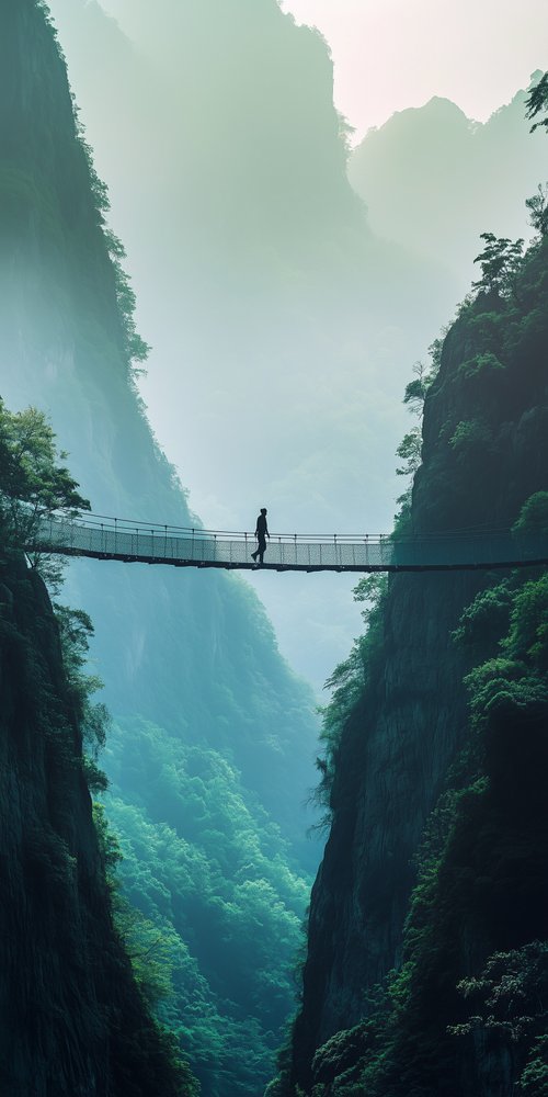 Person on mountain suspension bridge wallpaper
