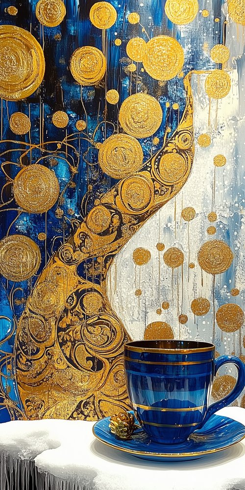 A painting of a cup and saucer on a table wallpaper