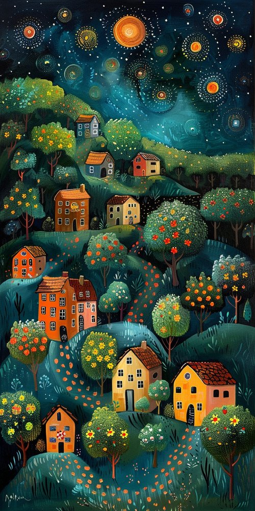 Starry night village painting wallpaper