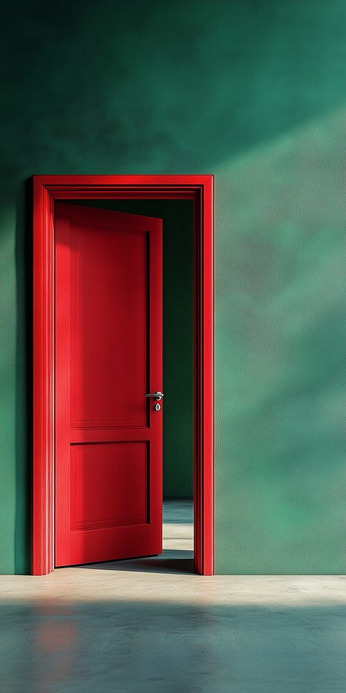 A red door in a green room wallpaper