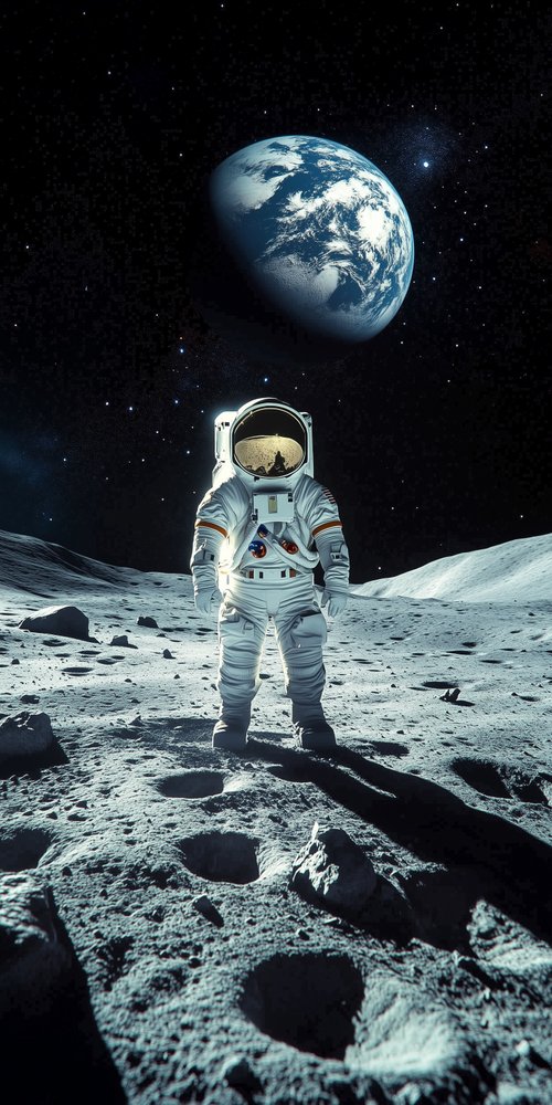 An astronaut standing on the moon with a planet in the background