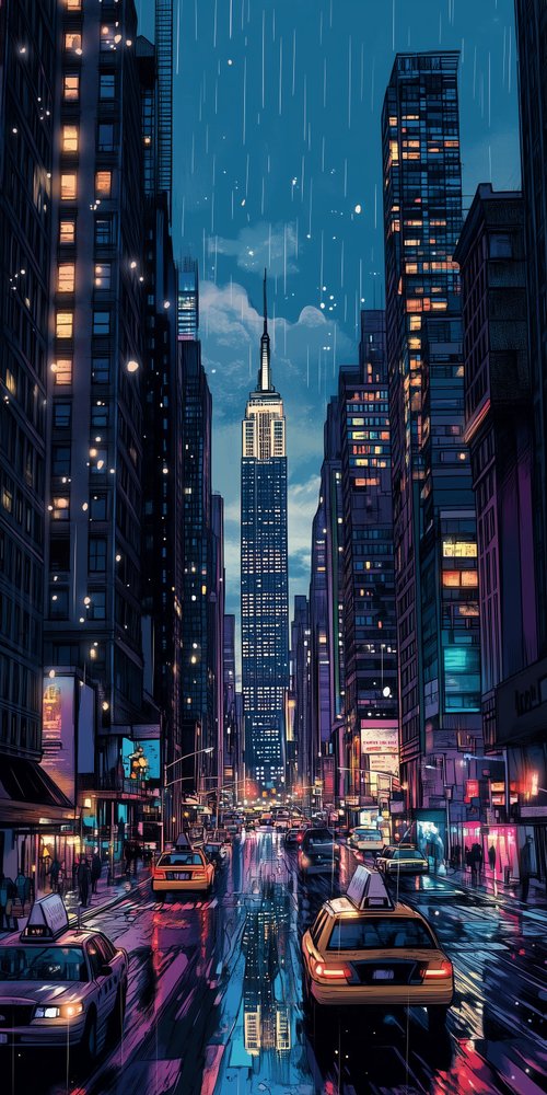 Rainy city street skyscrapers taxis wallpaper