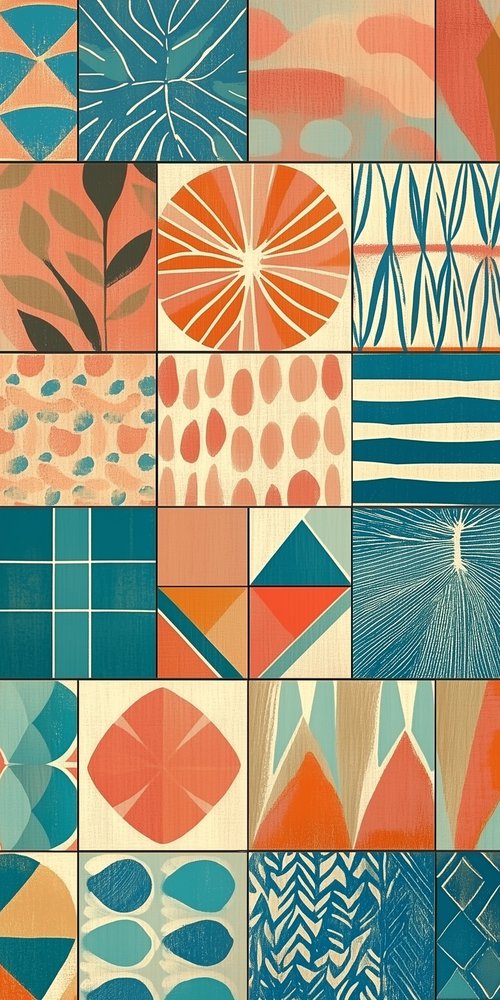 Abstract seams in blue orange and red wallpaper