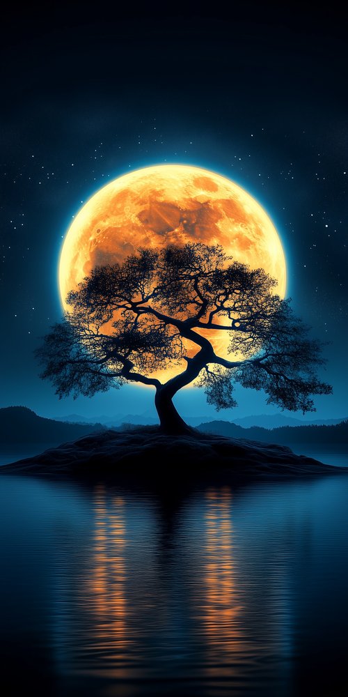 Tree silhouetted against moon wallpaper
