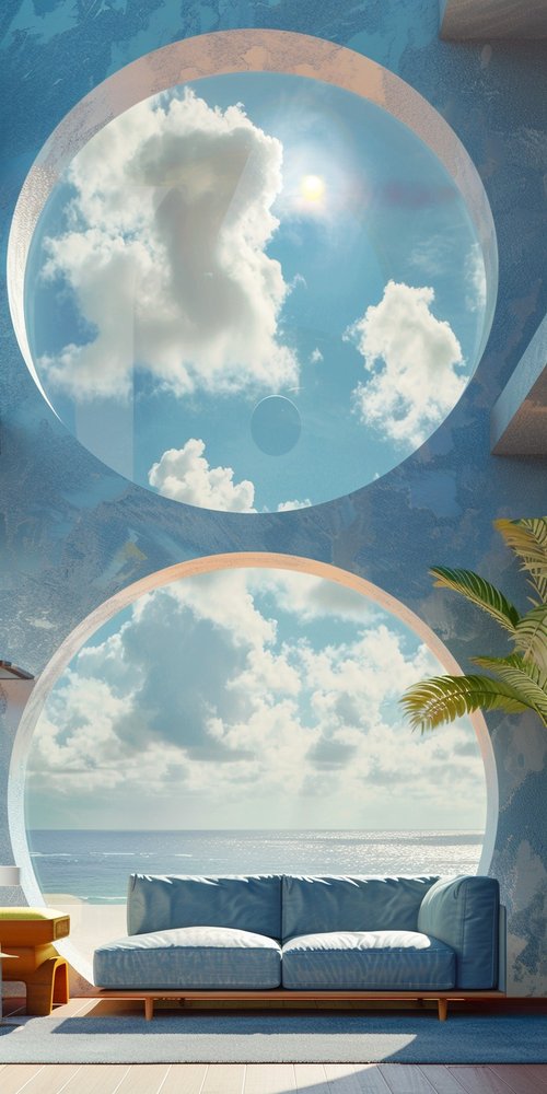 Modern ocean view living room wallpaper