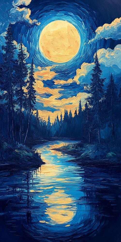 Moonlit river with forest trees wallpaper