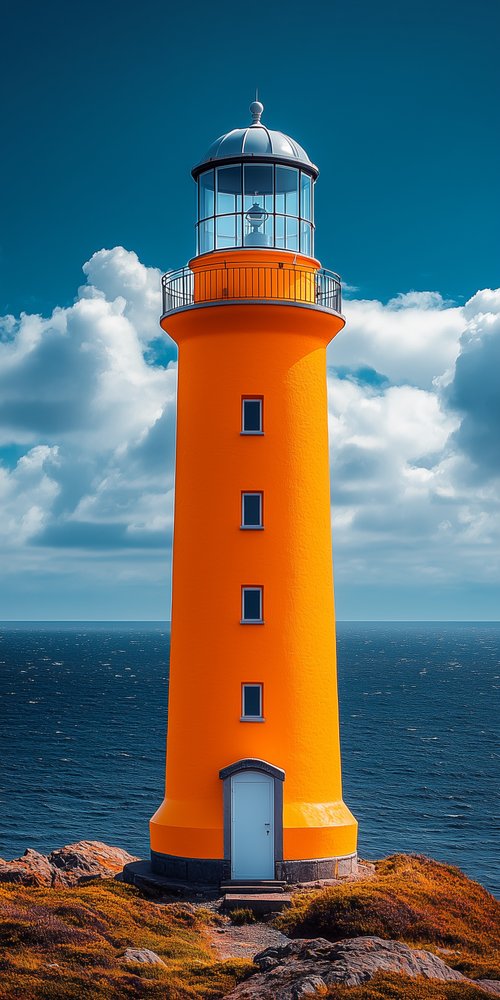 Orange lighthouse by the sea wallpaper