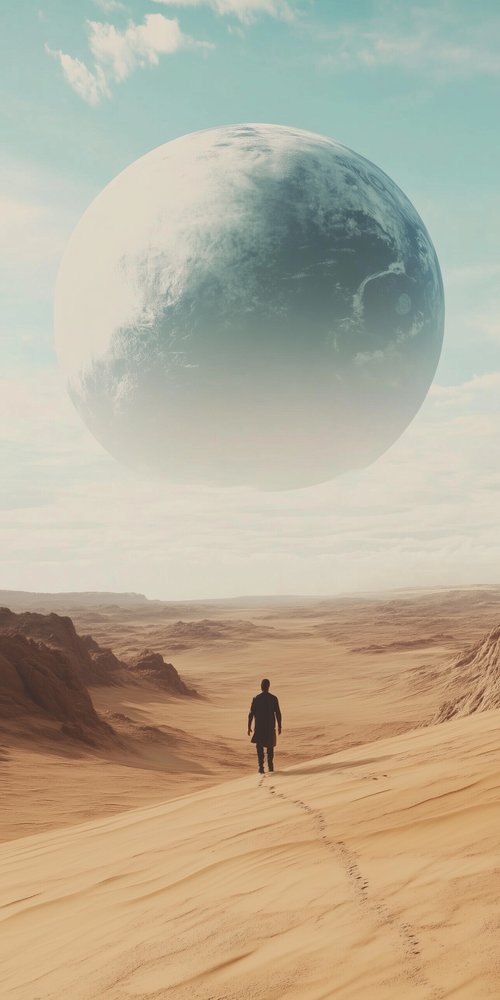 A man walking across a desert with a giant planet wallpaper