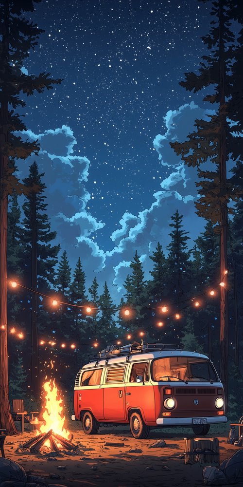 Van and campfire under stars wallpaper