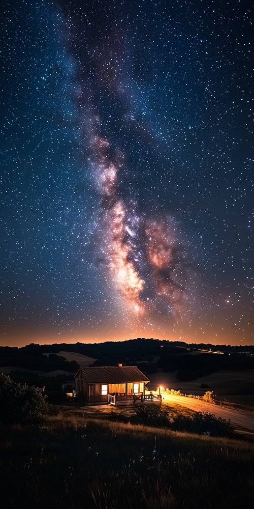 Starry sky over illuminated house wallpaper