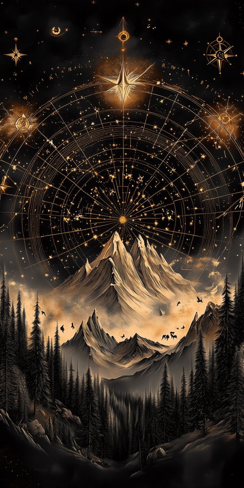 A mountain scene with a star and constellation wallpaper