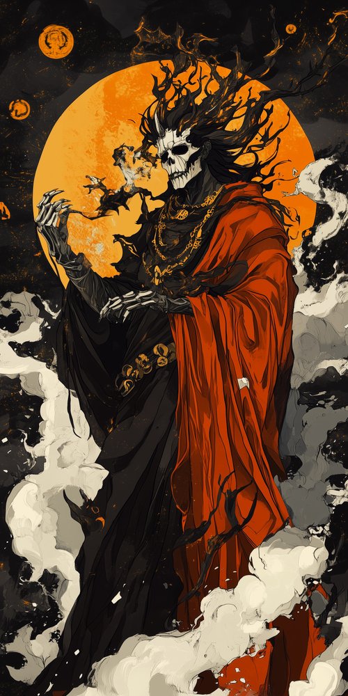 Skeleton figure with fiery background wallpaper
