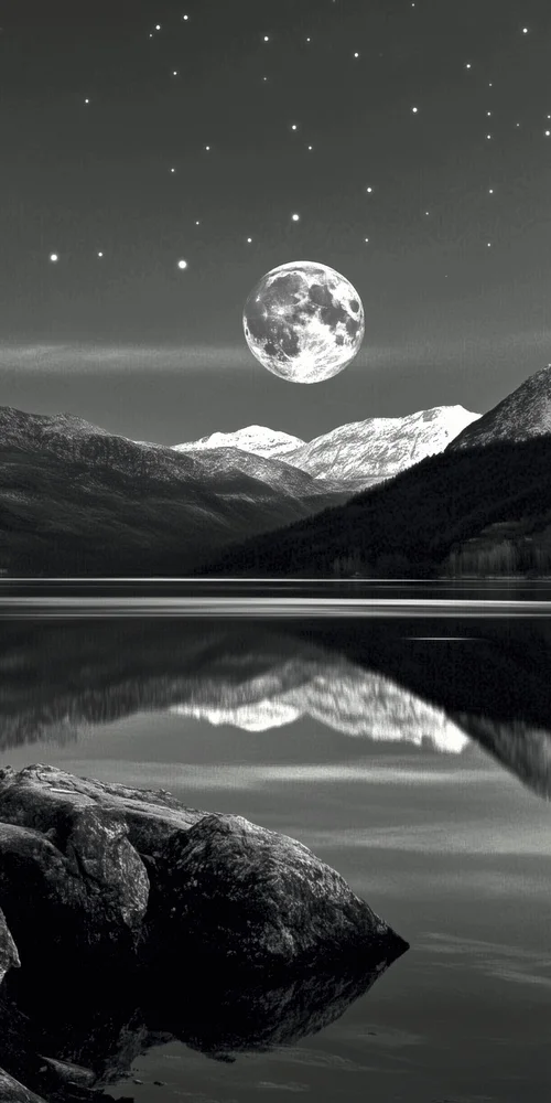 A black and white photo of a mountain lake wallpaper