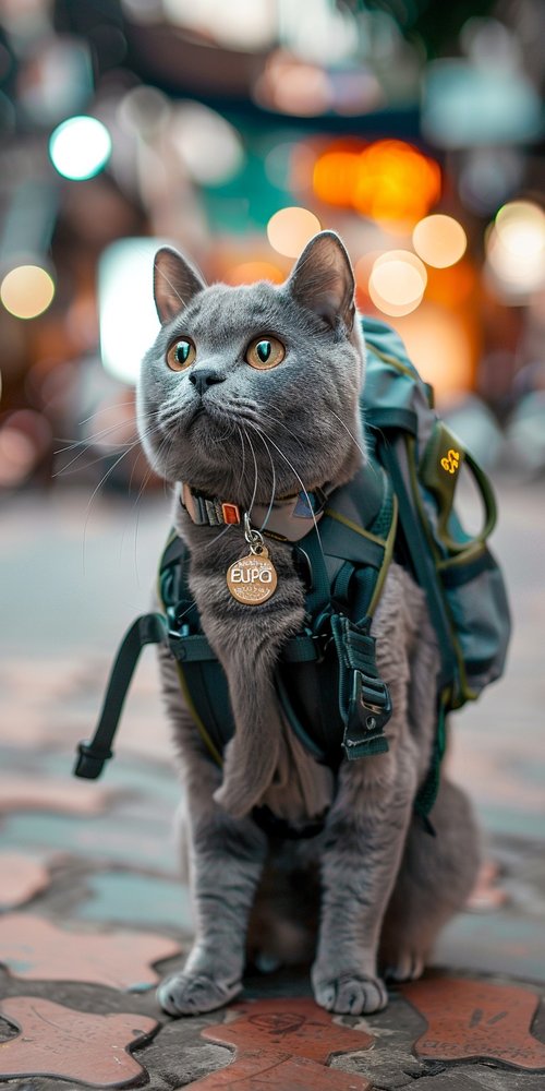 Cat wearing backpack and collar wallpaper