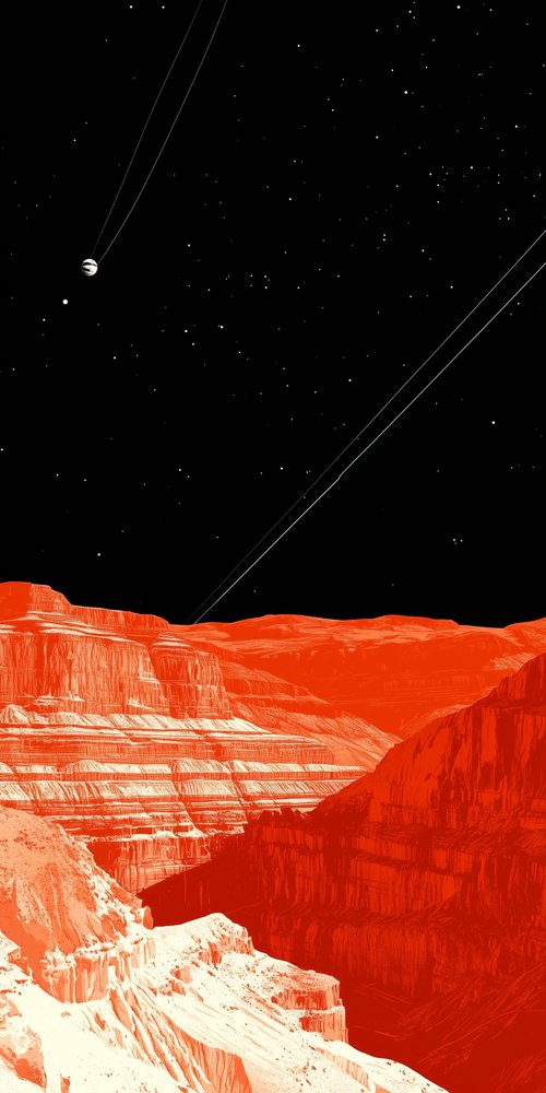 A red and black poster with a moon in the sky wallpaper