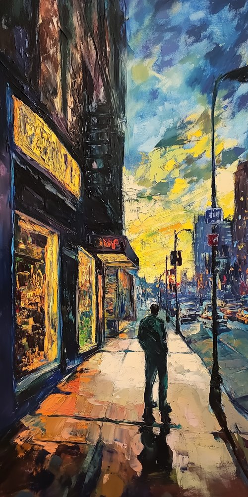 City street at sunset painting wallpaper