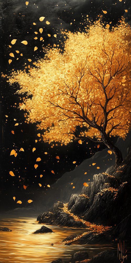 Golden tree by the water wallpaper