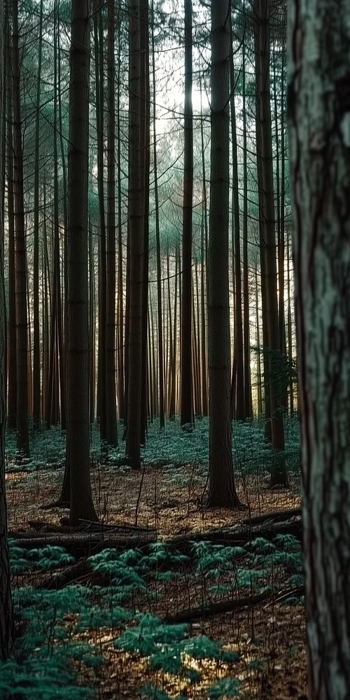 A forest with trees and moss in the fore wallpaper