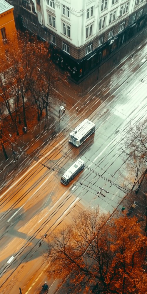A bus is driving down a city street wallpaper