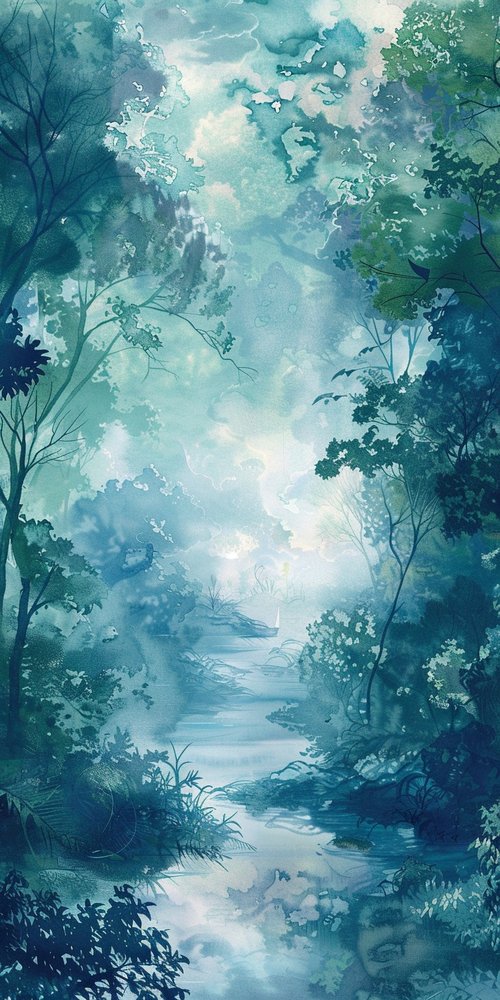 Serene forest with water stream wallpaper