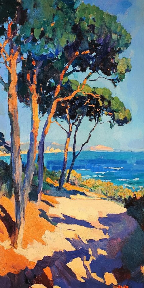 Trees by the seaside painting wallpaper