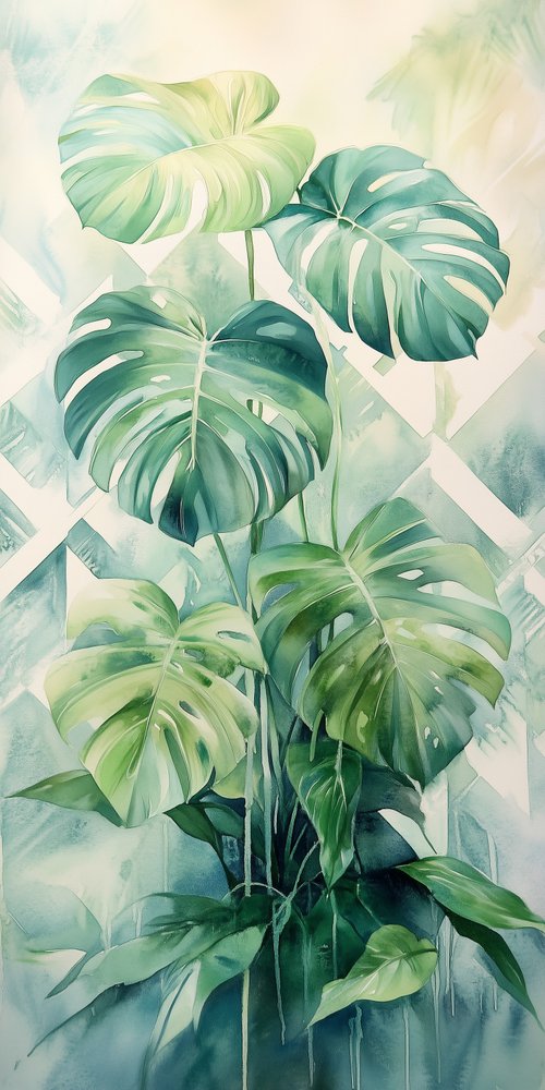 Watercolor painting of monstera leaves wallpaper