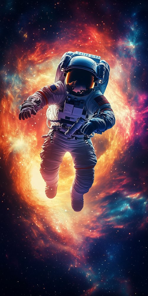 A spaceman in a space suit is floating in space