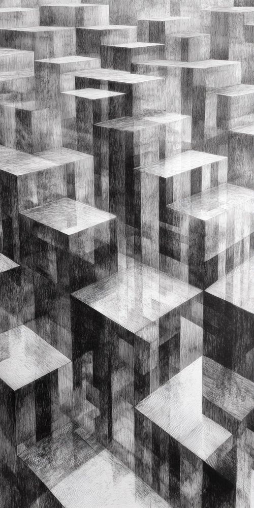 A black and white photo of a cube pattern wallpaper